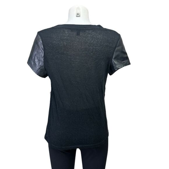 Elizabeth & James Black Lambskin & Cotton Blend Round Neck Tee sz large - Picture 4 of 9